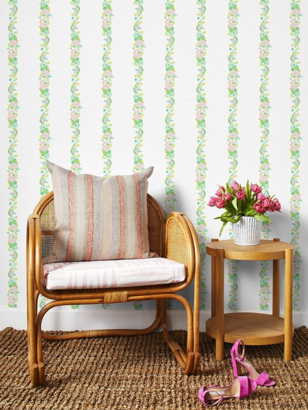 Floral Stripe  Wallpaper by Barbie™ - Green Pink For Cheap